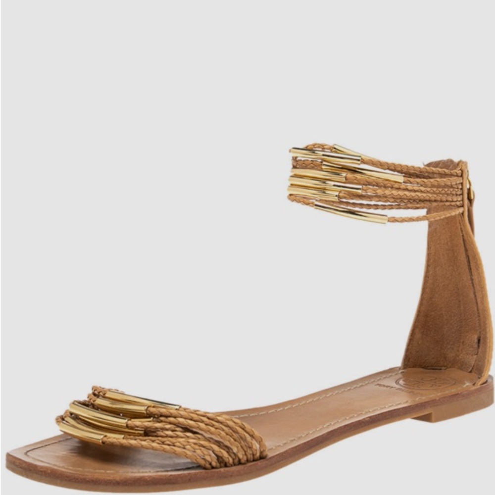 Tory Burch Tan Mignon Braided Ankle-Strap Sandals with Gold Accents